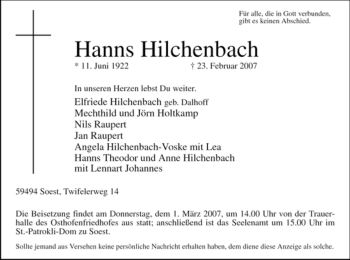 Traueranzeige von Hanns Hilchenbach von Tageszeitung