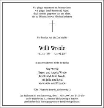 Traueranzeige von Willi Wrede von Tageszeitung