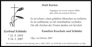 Traueranzeige von Gertrud Schünke von Tageszeitung