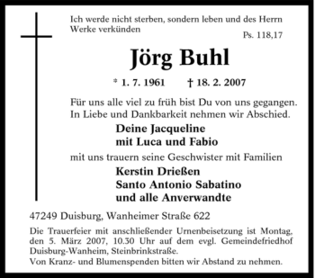 Traueranzeige von Jörg Buhl von Tageszeitung