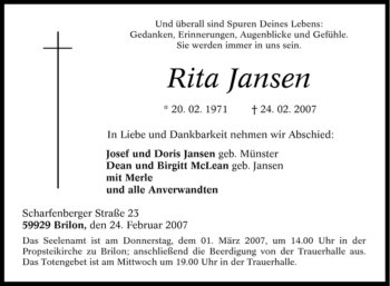 Traueranzeige von Rita Jansen von Tageszeitung