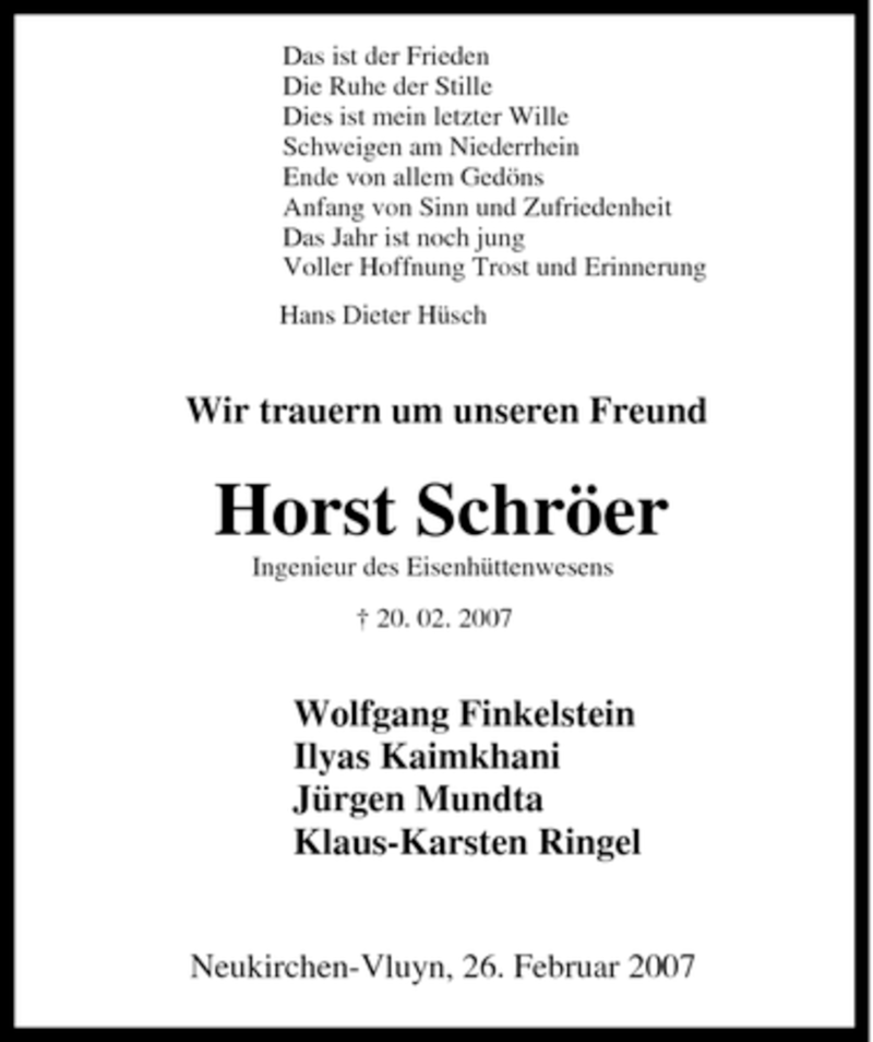  Traueranzeige für Horst Schröer vom 27.02.2007 aus Tageszeitung