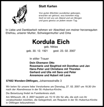 Traueranzeige von Kordula Eich von Tageszeitung