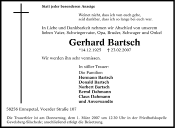 Traueranzeige von Gerhard Bartsch von Tageszeitung