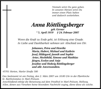 Traueranzeige von Anna Röttlingsberger von Tageszeitung
