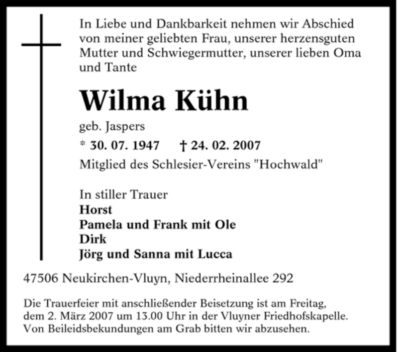  Traueranzeige für Wilma Kühn vom 27.02.2007 aus Tageszeitung