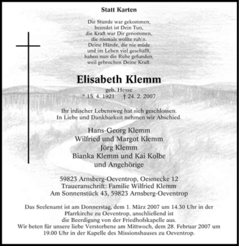 Traueranzeige von Elisabeth Klemm von Tageszeitung