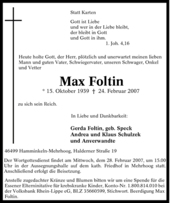 Traueranzeige von Max Foltin von Tageszeitung