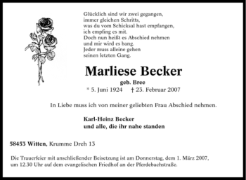 Traueranzeige von Marliese Becker von Tageszeitung