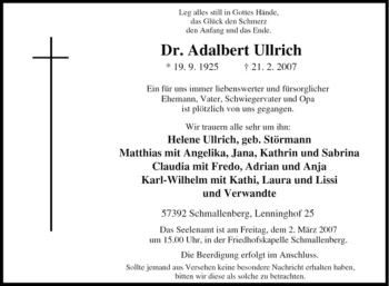 Traueranzeige von Adalbert Ullrich von Tageszeitung