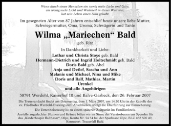 Traueranzeige von Wilma Bald von Tageszeitung
