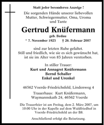 Traueranzeige von Gertrud Knüfermann von Tageszeitung