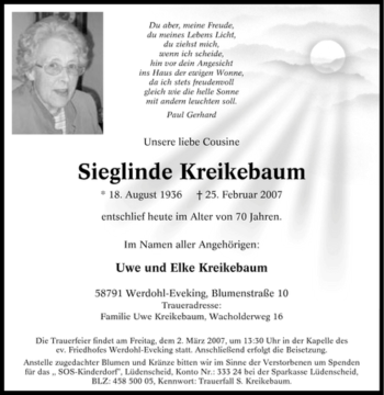 Traueranzeige von Sieglinde Kreikebaum von Tageszeitung