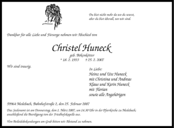 Traueranzeige von Christel Huneck von Tageszeitung