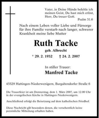 Traueranzeige von Ruth Tacke von Tageszeitung