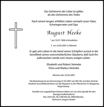 Traueranzeige von August Heeke von Tageszeitung