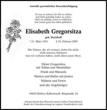 Traueranzeige von Elisabeth Gregorsitza von Tageszeitung