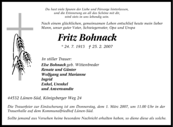 Traueranzeige von Fritz Bohnack von Tageszeitung