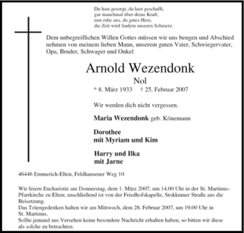 Traueranzeige von Arnold Wezendonk von Tageszeitung