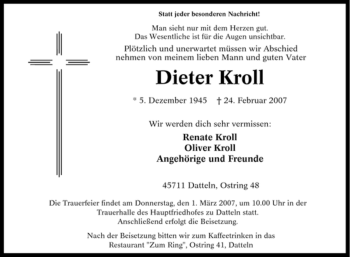 Traueranzeige von Dieter Kroll von Tageszeitung