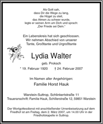 Traueranzeige von Lydia Walter von Tageszeitung