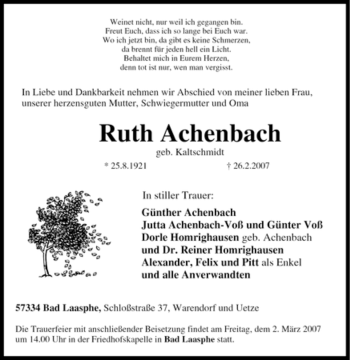 Traueranzeige von Ruth Achenbach von Tageszeitung