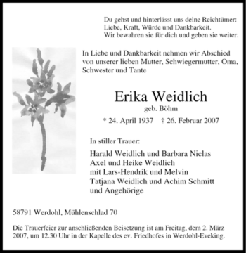 Traueranzeige von Erika Weidlich von Tageszeitung