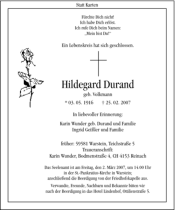 Traueranzeige von Hildegard Durand von Tageszeitung