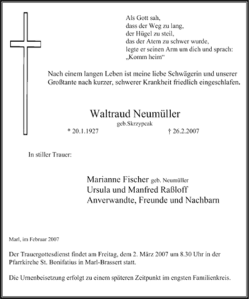 Traueranzeige von Waltraud Neumüller von Tageszeitung