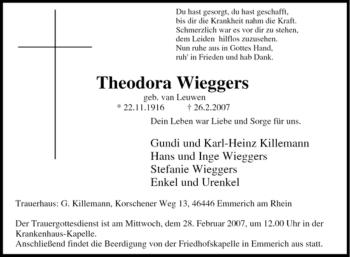 Traueranzeige von Theodora Wieggers von Tageszeitung