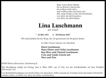 Traueranzeige von Lina Luschmann von Tageszeitung
