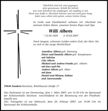 Traueranzeige von Willi Alberts von Tageszeitung