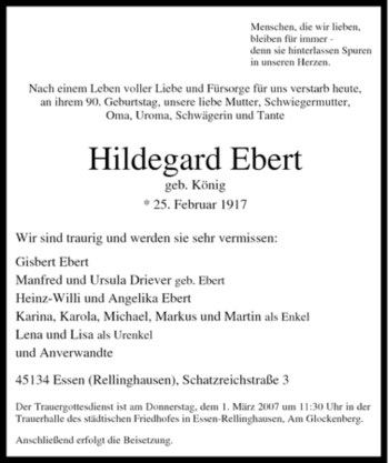 Traueranzeige von Hildegard Ebert von Tageszeitung
