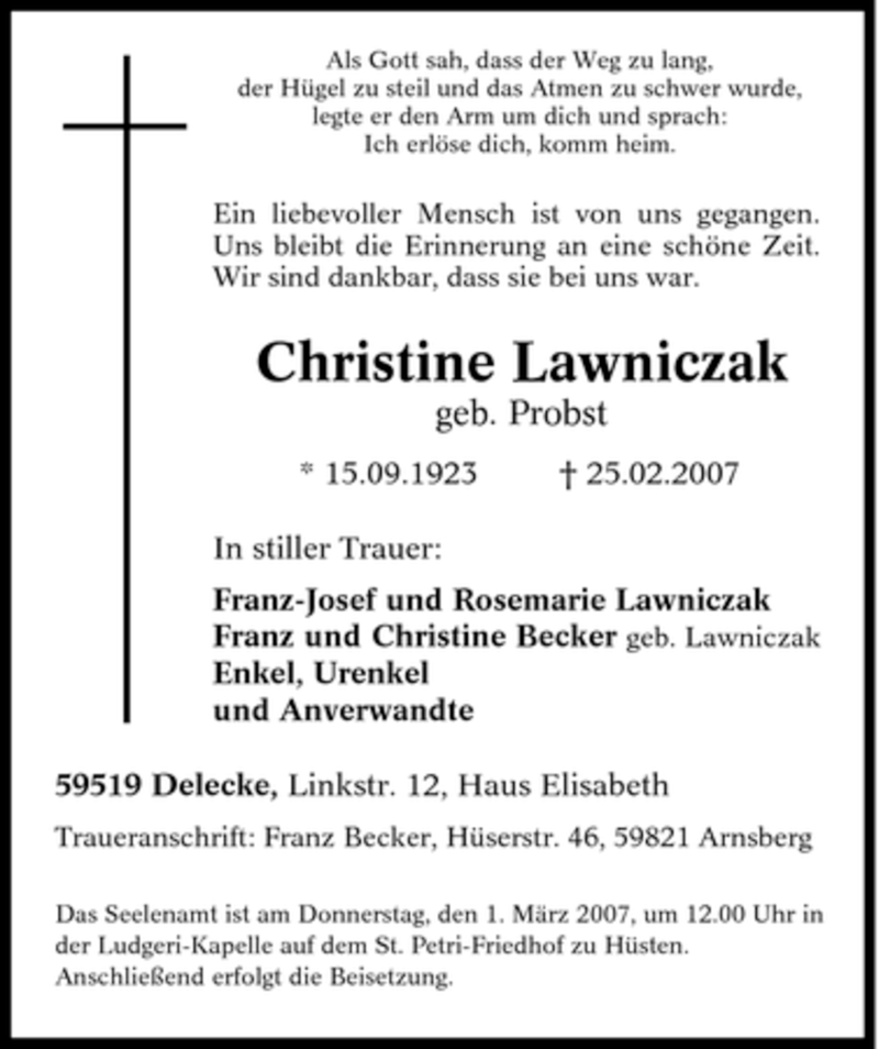  Traueranzeige für Christine Lawniczak vom 27.02.2007 aus Tageszeitung