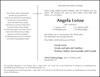 Traueranzeige von Angela Leisse von Tageszeitung