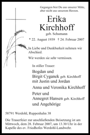 Traueranzeige von Erika Kirchhoff von Tageszeitung