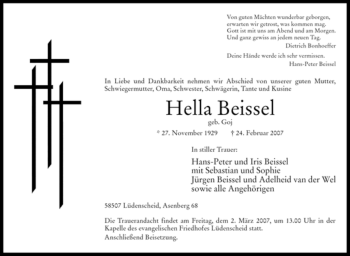 Traueranzeige von Hella Beissel von Tageszeitung