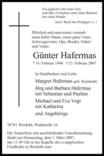 Traueranzeige von Günter Hafermas von Tageszeitung