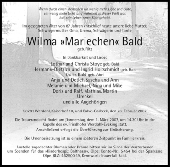 Traueranzeige von Wilma Bald von Tageszeitung