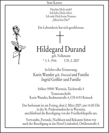 Traueranzeige von Hildegard Durand von Tageszeitung