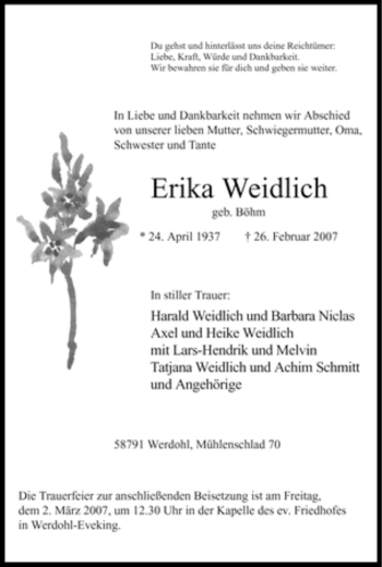Traueranzeige von Erika Weidlich von Tageszeitung