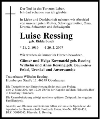 Traueranzeige von Luise Ressing von Tageszeitung