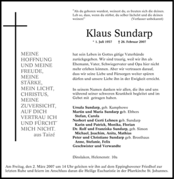 Traueranzeige von Klaus Sundarp von Tageszeitung