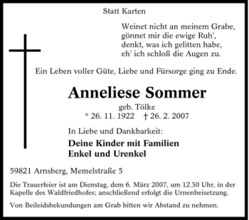 Traueranzeige von Anneliese Sommer von Tageszeitung