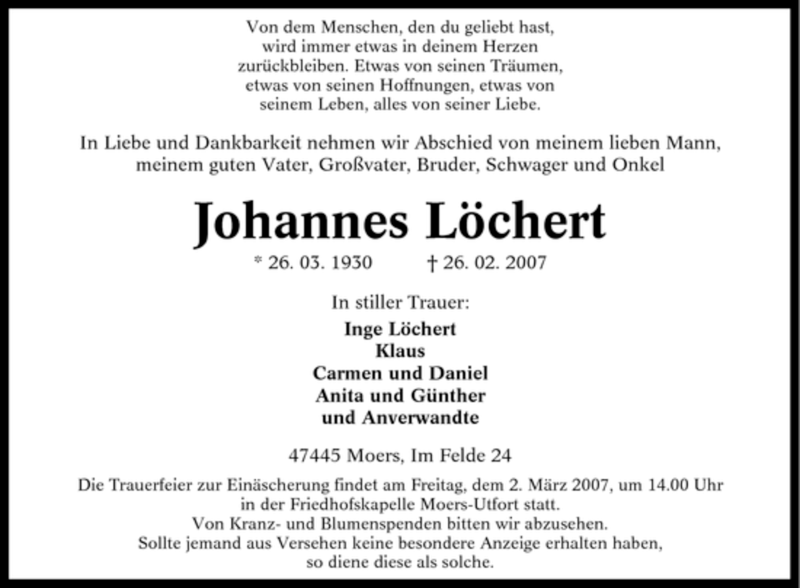  Traueranzeige für Johannes Löchert vom 28.02.2007 aus Tageszeitung