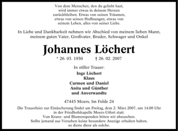Traueranzeige von Johannes Löchert von Tageszeitung