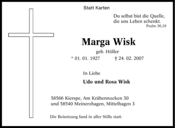 Traueranzeige von Marga Wisk von Tageszeitung