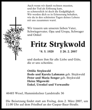 Traueranzeige von Fritz Strykwold von Tageszeitung