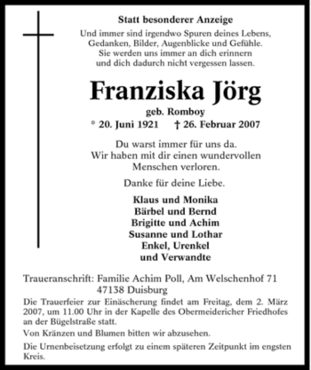 Traueranzeige von Franziska Jörg von Tageszeitung