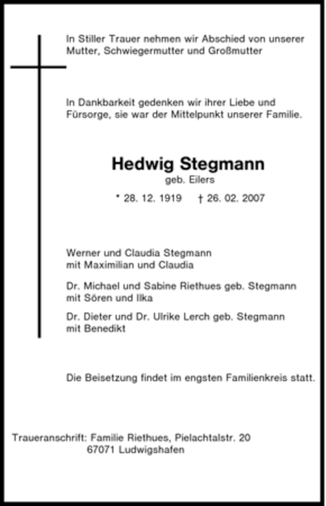  Traueranzeige für Hedwig Stegmann vom 28.02.2007 aus Tageszeitung
